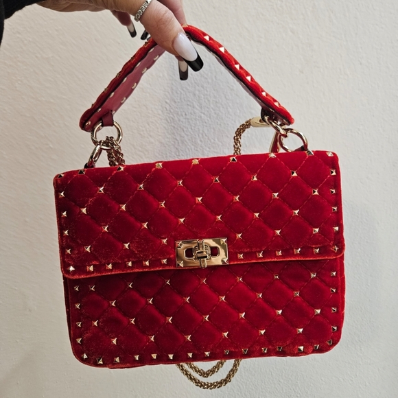 Valentino Garavani Handbags - ✨️VALENTINO RED QUILTED VELVET MEDIUM ROCKSTUD SPIKE CHAIN BAG✨️